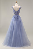 Blue Corset Appliqued A Line Tulle Maxi Prom Dress