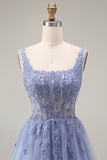Blue Corset Appliqued A Line Tulle Maxi Prom Dress