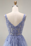 Blue Corset Appliqued A Line Tulle Maxi Prom Dress