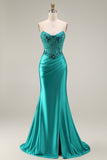 Mermaid Satin Strapless Corset Peacock Prom Dress