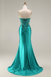 Mermaid Satin Strapless Corset Peacock Prom Dress