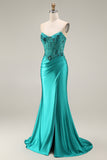 Mermaid Satin Strapless Corset Peacock Prom Dress