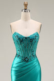 Mermaid Satin Strapless Corset Peacock Prom Dress