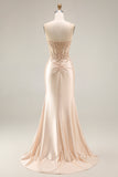 Strapless Mermaid Appliqued Corset Champagne Prom Dress