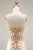 Strapless Mermaid Appliqued Corset Champagne Prom Dress