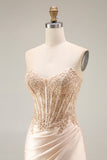 Strapless Mermaid Appliqued Corset Champagne Prom Dress