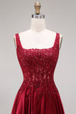 Burgundy Corset Sequin A Line Satin Prom Dress