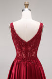 Burgundy Corset Sequin A Line Satin Prom Dress