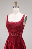 Burgundy Corset Sequin A Line Satin Prom Dress