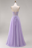Strapless Lilac Corset Appliqued A Line Prom Dress