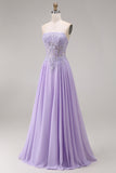Strapless Lilac Corset Appliqued A Line Prom Dress