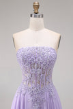 Strapless Lilac Corset Appliqued A Line Prom Dress