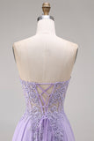 Strapless Lilac Corset Appliqued A Line Prom Dress
