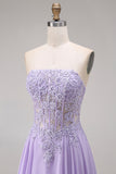 Strapless Lilac Corset Appliqued A Line Prom Dress