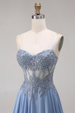 Blue Corset Appliqued Satin A Line Prom Dress with Slit