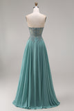 Strapless Eucalyptus Corset Appliqued Beaded A Line Prom Dress
