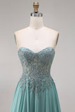 Strapless Eucalyptus Corset Appliqued Beaded A Line Prom Dress