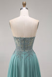 Strapless Eucalyptus Corset Appliqued Beaded A Line Prom Dress