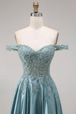 Off the Shoulder Corset Beaded A Line Agave Prom Dress