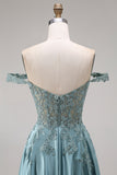 Off the Shoulder Corset Beaded A Line Agave Prom Dress