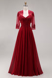 2 Piece Burgundy A Line Appliqued Beaded Mother of the Bride Dress