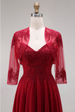 2 Piece Burgundy A Line Appliqued Beaded Mother of the Bride Dress