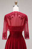 2 Piece Burgundy A Line Appliqued Beaded Mother of the Bride Dress