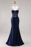 Navy Mermaid Satin Corset Ruched Prom Dress