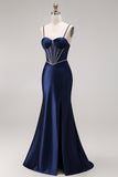 Navy Mermaid Satin Corset Ruched Prom Dress
