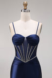 Navy Mermaid Satin Corset Ruched Prom Dress