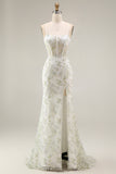 White Floral Mermaid Appliqued Corset Prom Dress