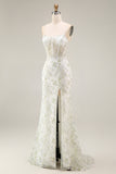White Floral Mermaid Appliqued Corset Prom Dress
