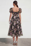 A Line Black Floral Short Sleeve Midi Wedding Guest Dress