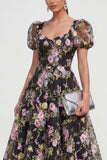 A Line Black Floral Short Sleeve Midi Wedding Guest Dress