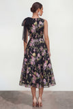 Floral Black Bowed A Line Wedding Guest Dress with Pockets