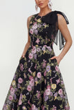 Floral Black Bowed A Line Wedding Guest Dress with Pockets