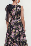 Floral Black Bowed A Line Wedding Guest Dress with Pockets