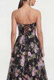 Strapless A Line Black Floral Wedding Guest Dress with Pockets