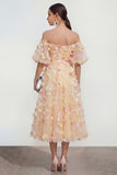 Off the Shoulder Floral Champagne A Line Wedding Guest Dress