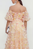Off the Shoulder Floral Champagne A Line Wedding Guest Dress