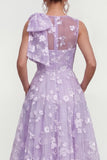 Floral Apricot A Line Bowed Midi Wedding Guest Dress