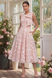 Floral Apricot A Line Bowed Midi Wedding Guest Dress