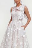 Floral Apricot A Line Bowed Midi Wedding Guest Dress