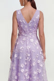 Blue Floral A Line Midi Wedding Guest Dress with Bow