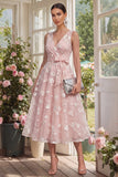 Blue Floral A Line Midi Wedding Guest Dress with Bow