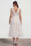 Blue Floral A Line Midi Wedding Guest Dress with Bow