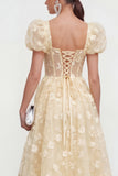 Floral Pink Puff Sleeve A Line Corset Wedding Guest Dress