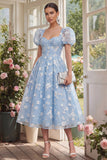 Floral Pink Puff Sleeve A Line Corset Wedding Guest Dress