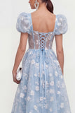 Floral Pink Puff Sleeve A Line Corset Wedding Guest Dress