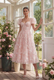 Floral Pink Puff Sleeve A Line Corset Wedding Guest Dress